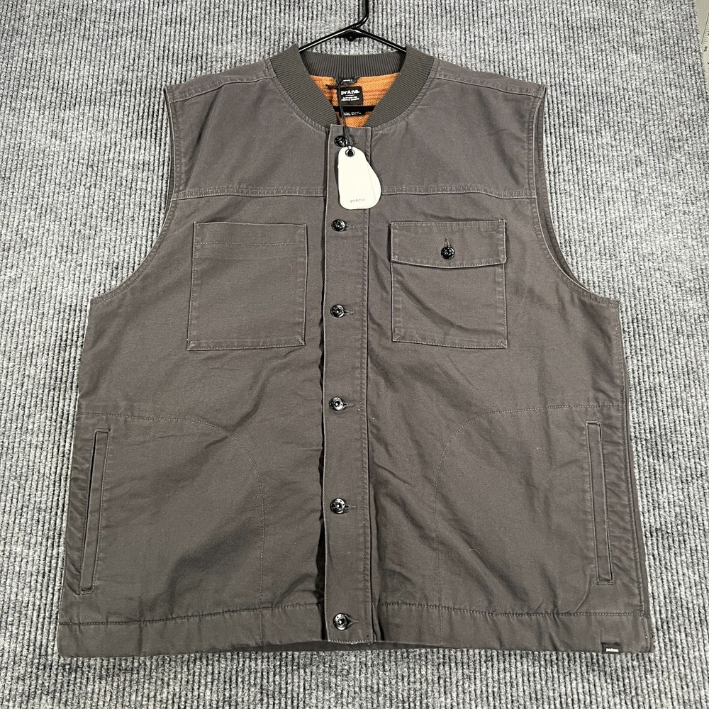 Prana Canvas Vest Jacket Mens 2XL XXL Brown Gray Sleeveless Lined Full Zip New - Picture 4 of 15